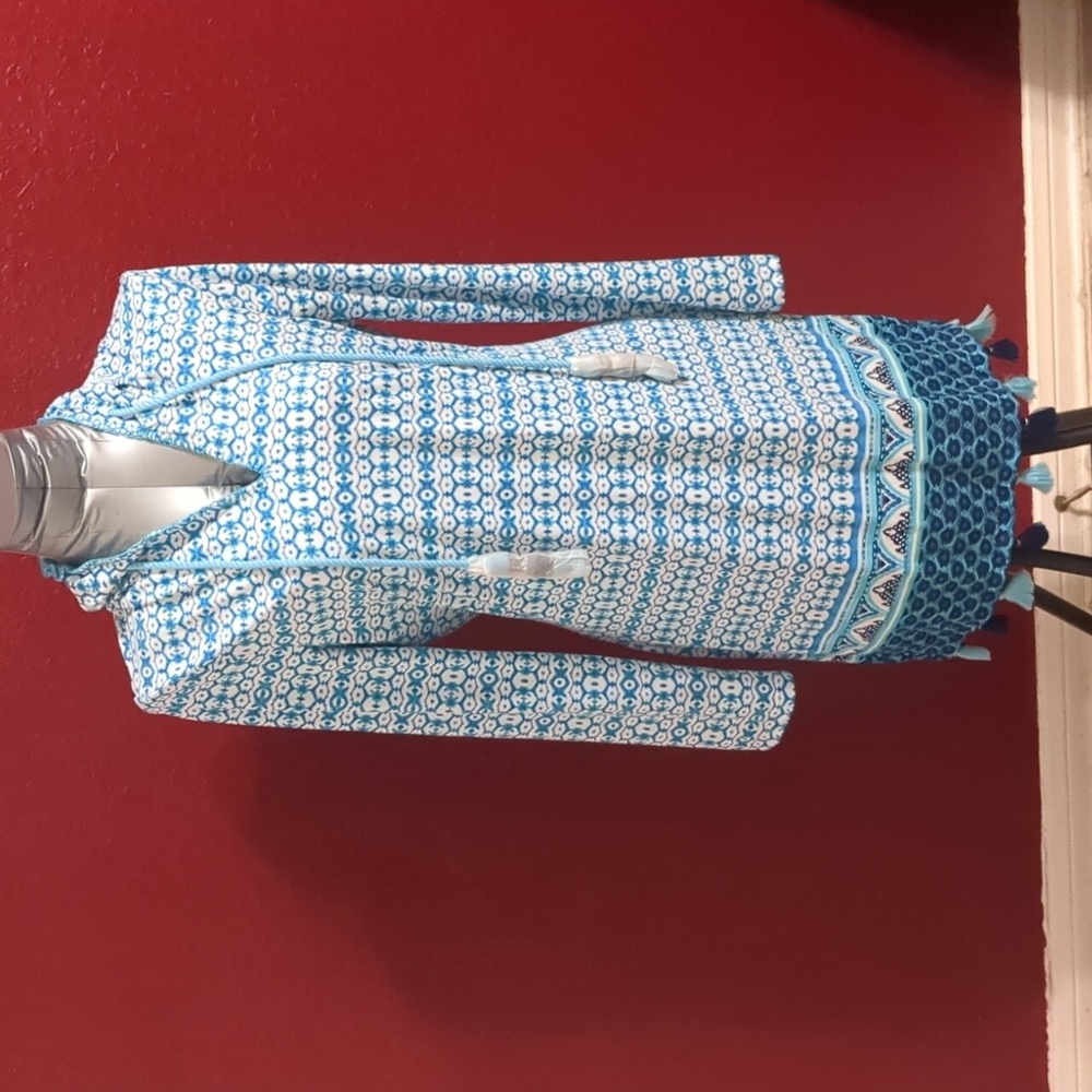 CABANA LIFE Aruba Blues Hooded/Long Sleeve Tassel Cover Up Dress Size XS NWT